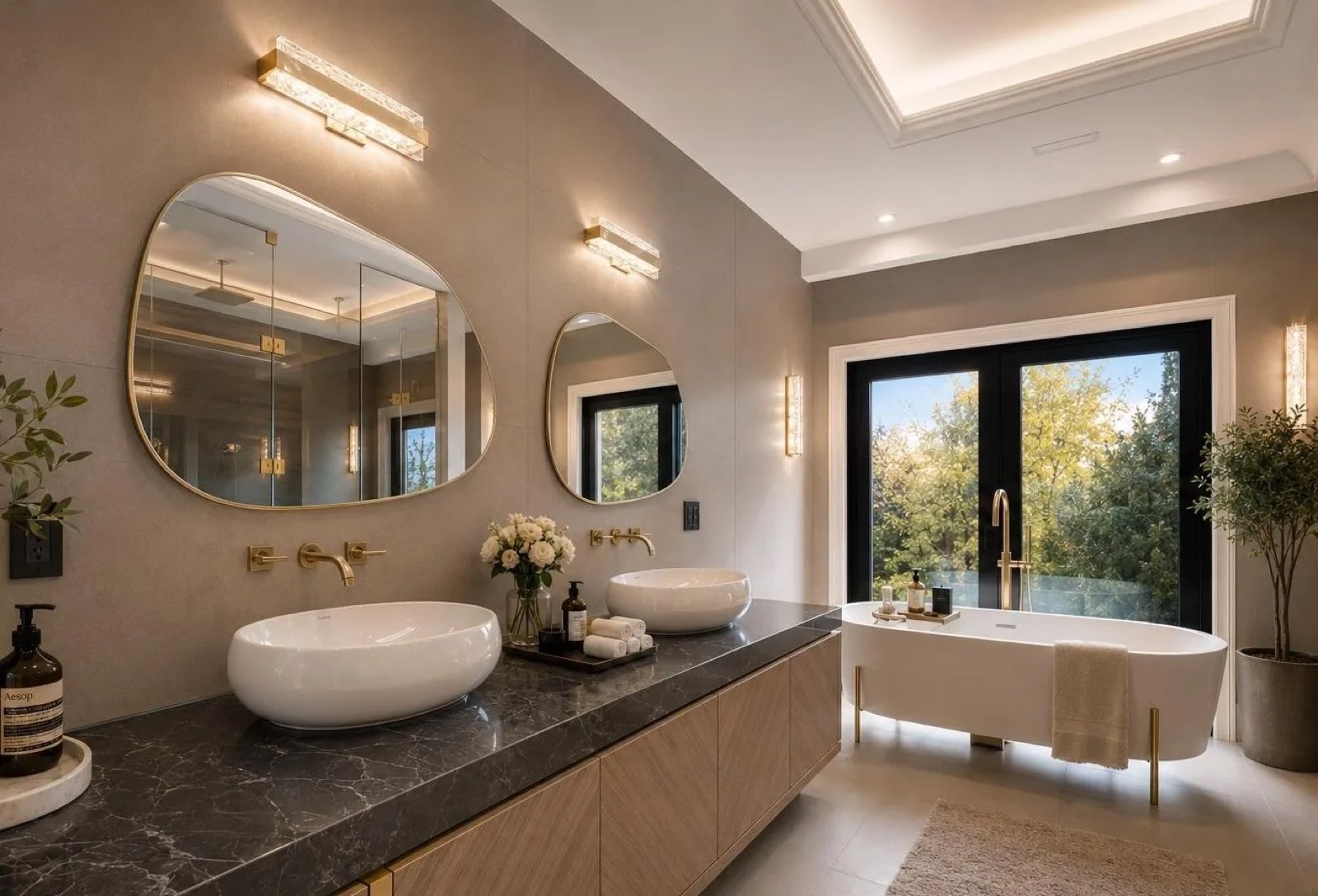 Finished bathroom with a double vanity and freestanding tub